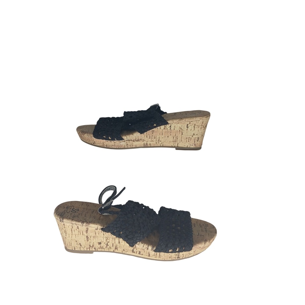 SO Adriene Wedge Sandals Size 5 Black Woven Crochet Boho Cork Memory Foam